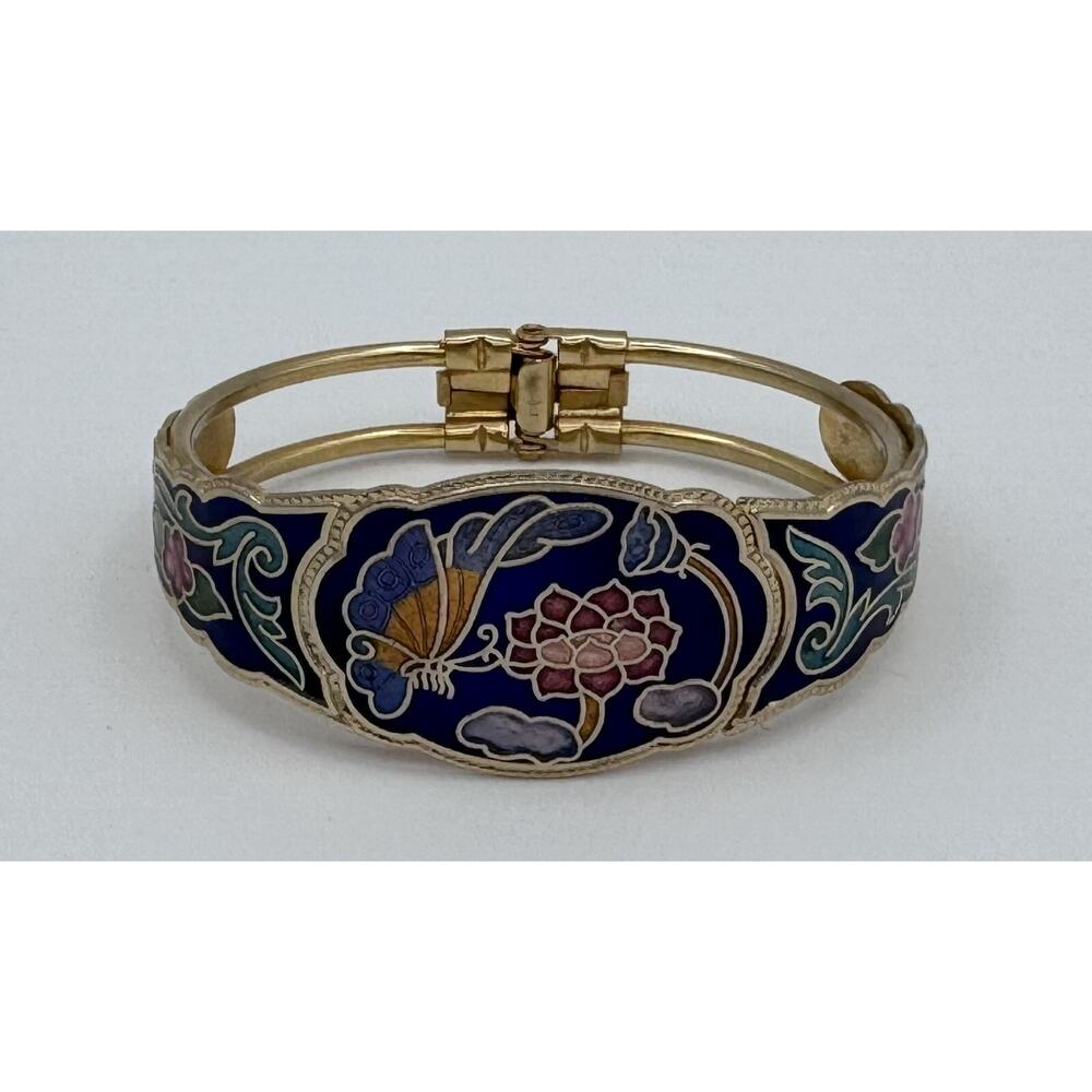 Vtg Cloisonne Enamel Bracelet Butterflies Flowers Hinged Clamp Gold